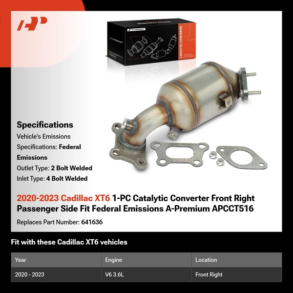 2020-2023 Cadillac XT6 1-PC Catalytic Converter Front Right Passenger Side Fit Federal Emissions A-Premium APCCT516