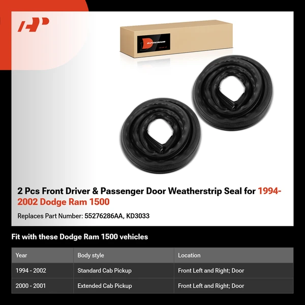 2 Pcs Front Driver & Passenger Door Weatherstrip Seal for 1994-2002 Dodge Ram 1500