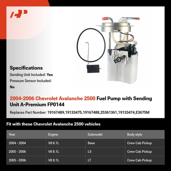 2004-2006 Chevrolet Avalanche 2500 Fuel Pump with Sending Unit A-Premium FP0144