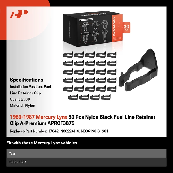 1983-1987 Mercury Lynx 30 Pcs Nylon Black Fuel Line Retainer Clip A-Premium APRCF3879