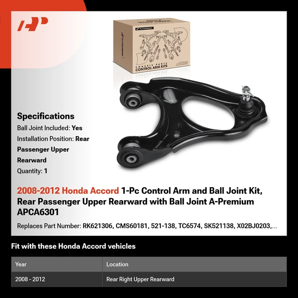 2008-2012 Honda Accord 1-Pc Control Arm and Ball Joint Kit, Rear Passenger Upper Rearward with Ball Joint A-Premium APCA6301