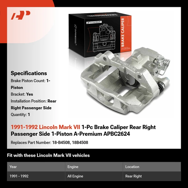 1991-1992 Lincoln Mark VII 1-Pc Brake Caliper Rear Right Passenger Side 1-Piston A-Premium APBC2624