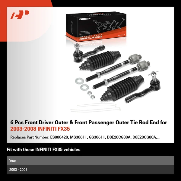 6 Pcs Front Driver Outer & Front Passenger Outer Tie Rod End for 2003-2008 INFINITI FX35