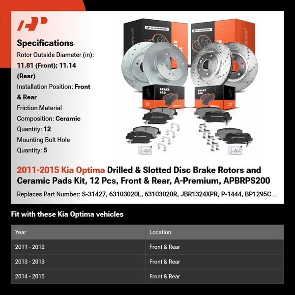2011-2015 Kia Optima Drilled & Slotted Disc Brake Rotors and Ceramic Pads Kit, 12 Pcs, Front & Rear, A-Premium, APBRPS200