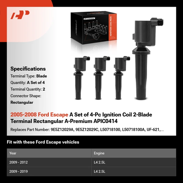 2005-2008 Ford Escape A Set of 4-Pc Ignition Coil 2-Blade Terminal Rectangular A-Premium APIC0414