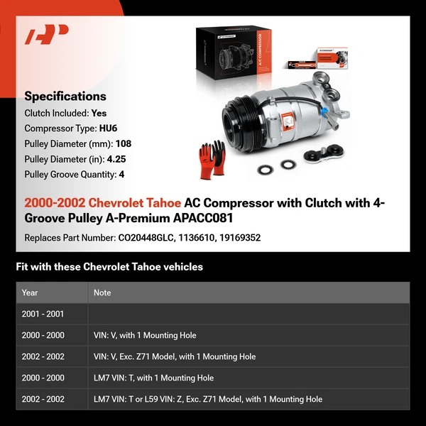 2000-2002 Chevrolet Tahoe AC Compressor with Clutch with 4-Groove Pulley A-Premium APACC081