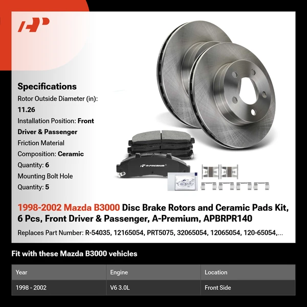1998-2002 Mazda B3000 Disc Brake Rotors and Ceramic Pads Kit, 6 Pcs, Front Driver & Passenger, A-Premium, APBRPR140