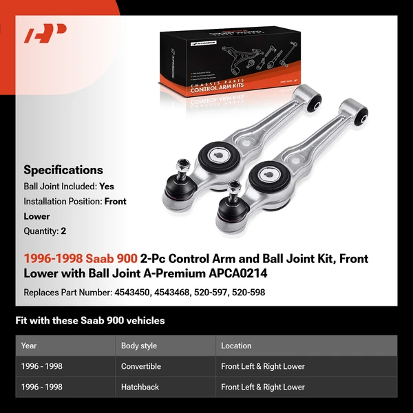 1996-1998 Saab 900 2-Pc Control Arm and Ball Joint Kit, Front Lower with Ball Joint A-Premium APCA0214