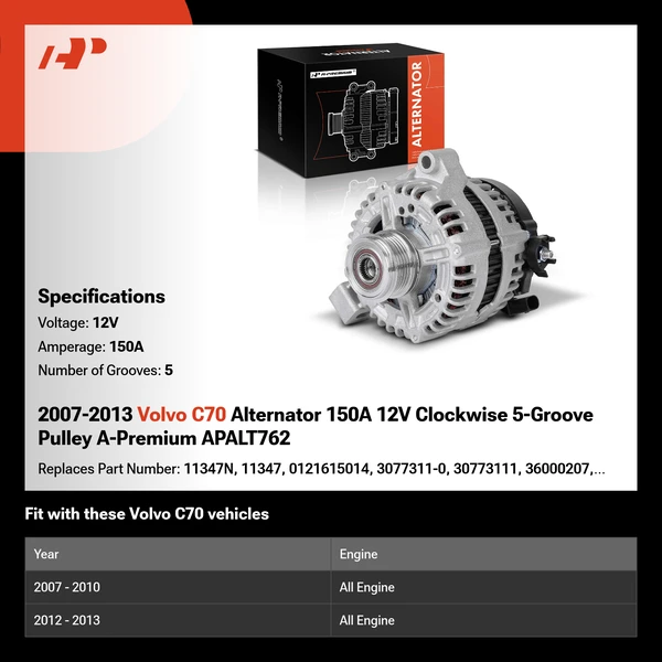 2007-2013 Volvo C70 Alternator 150A 12V Clockwise 5-Groove Pulley A-Premium APALT762