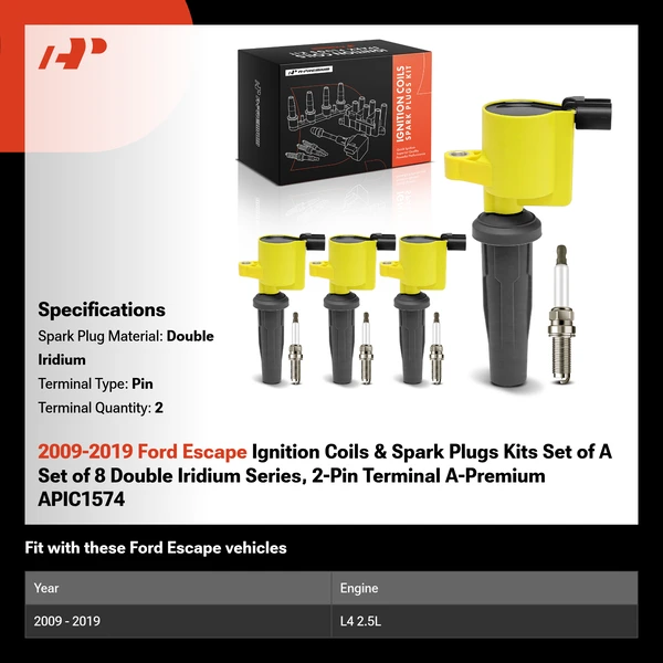 2009-2019 Ford Escape Ignition Coils & Spark Plugs Kits Set of A Set of 8 Double Iridium Series, 2-Pin Terminal A-Premium APIC1574