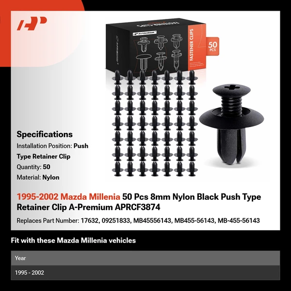 1995-2002 Mazda Millenia 50 Pcs 8mm Nylon Black Push Type Retainer Clip A-Premium APRCF3874