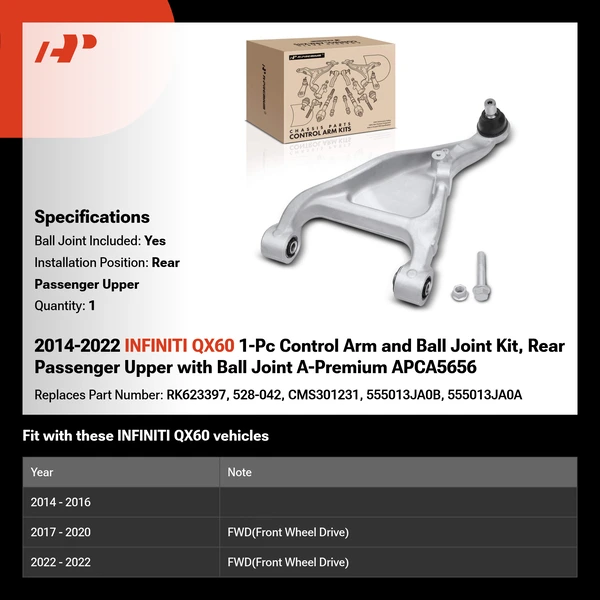 2014-2022 INFINITI QX60 1-Pc Control Arm and Ball Joint Kit, Rear Passenger Upper with Ball Joint A-Premium APCA5656