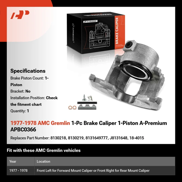 1977-1978 AMC Gremlin 1-Pc Brake Caliper 1-Piston A-Premium APBC0366