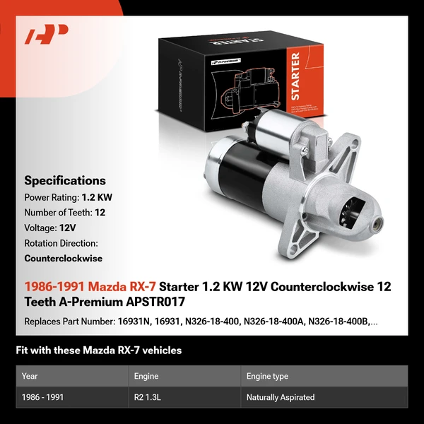 1986-1991 Mazda RX-7 Starter 1.2 KW 12V Counterclockwise 12 Teeth A-Premium APSTR017