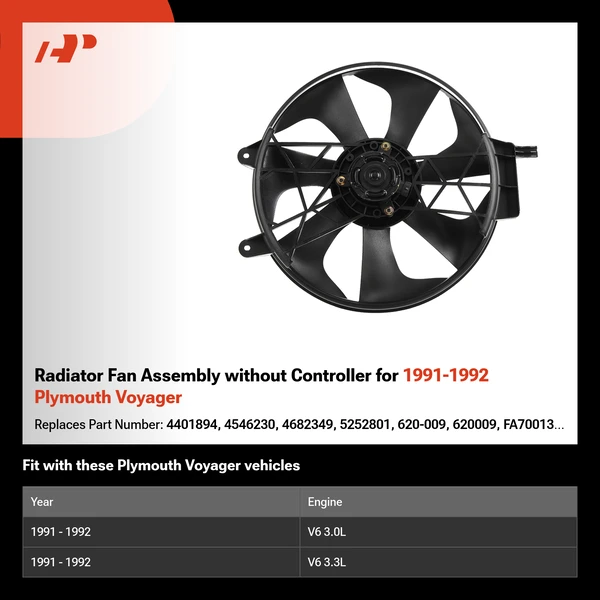 Radiator Fan Assembly without Controller for 1991-1992 Plymouth Voyager
