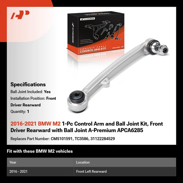 2016-2021 BMW M2 1-Pc Control Arm and Ball Joint Kit, Front Driver Rearward with Ball Joint A-Premium APCA6285