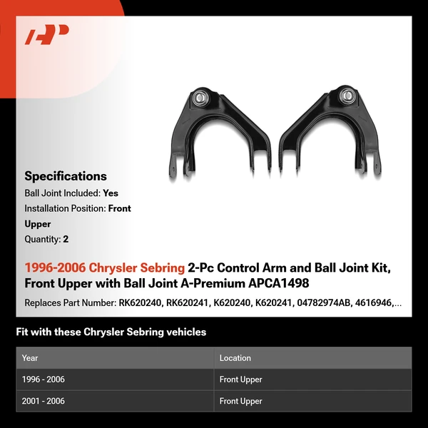 1996-2006 Chrysler Sebring 2-Pc Control Arm and Ball Joint Kit, Front Upper with Ball Joint A-Premium APCA1498