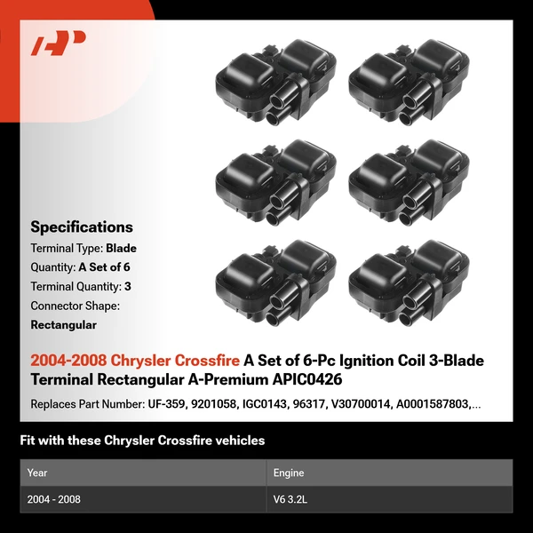 2004-2008 Chrysler Crossfire A Set of 6-Pc Ignition Coil 3-Blade Terminal Rectangular A-Premium APIC0426