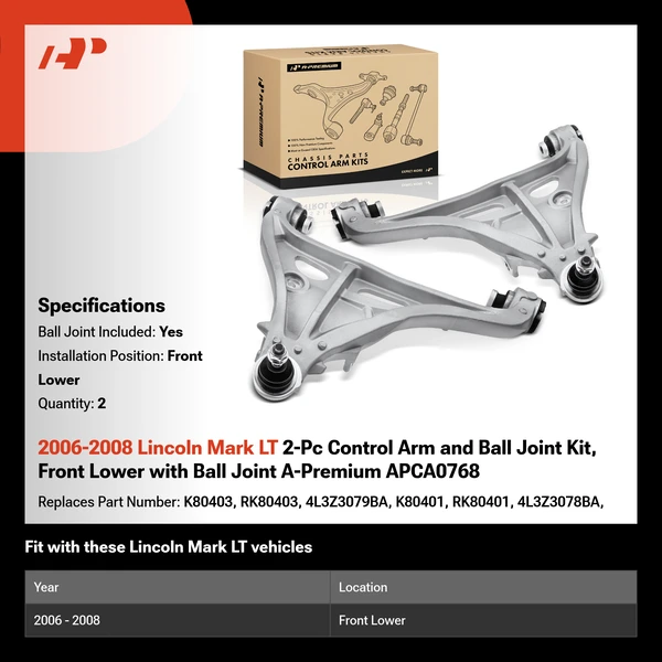 2006-2008 Lincoln Mark LT 2-Pc Control Arm and Ball Joint Kit, Front Lower with Ball Joint A-Premium APCA0768