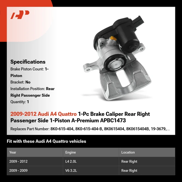 2009-2012 Audi A4 Quattro 1-Pc Brake Caliper Rear Right Passenger Side 1-Piston A-Premium APBC1473
