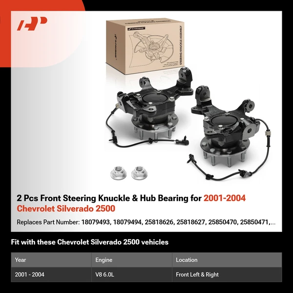 2 Pcs Front Steering Knuckle & Hub Bearing for 2001-2004 Chevrolet Silverado 2500