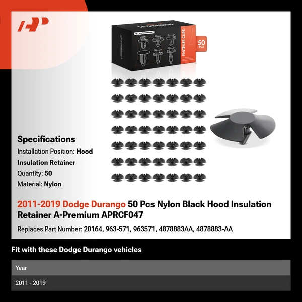 2011-2019 Dodge Durango 50 Pcs Nylon Black Hood Insulation Retainer A-Premium APRCF047