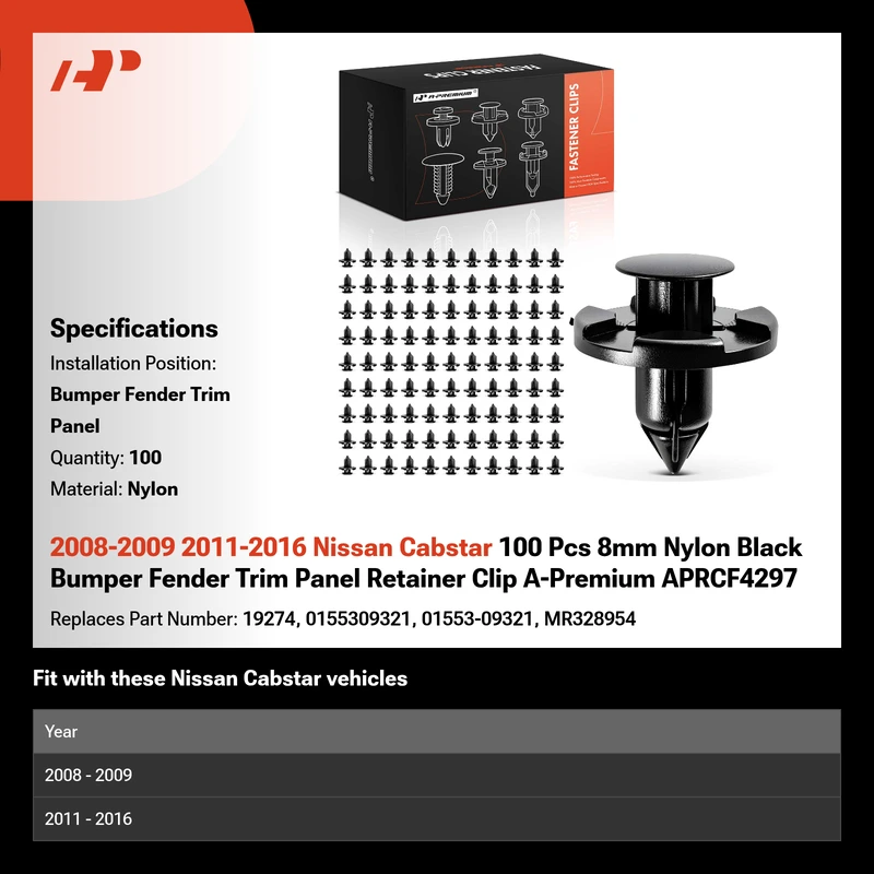 2008-2009 2011-2016 Nissan Cabstar 100 Pcs 8mm Nylon Black Bumper Fender Trim Panel Retainer Clip A-Premium APRCF4297