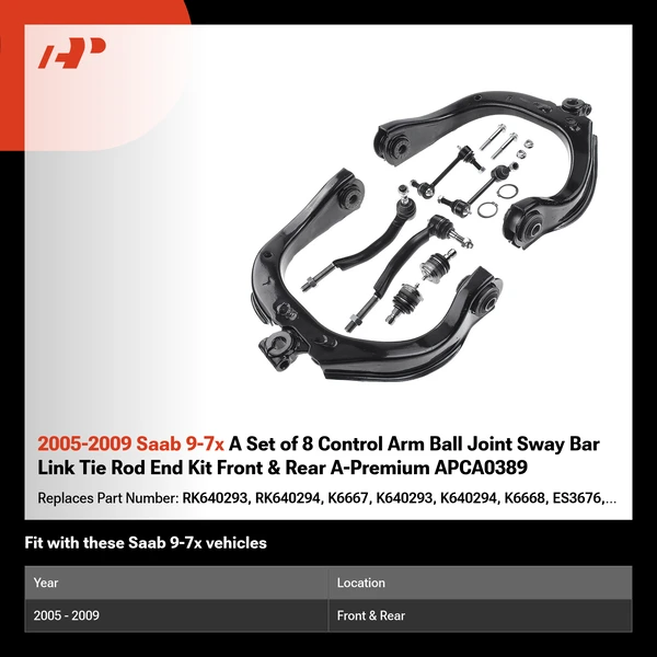 2005-2009 Saab 9-7x A Set of 8 Control Arm Ball Joint Sway Bar Link Tie Rod End Kit Front & Rear A-Premium APCA0389