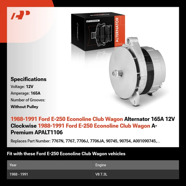 1988-1991 Ford E-250 Econoline Club Wagon Alternator 165A 12V Clockwise 1988-1991 Ford E-250 Econoline Club Wagon A-Premium APALT1106