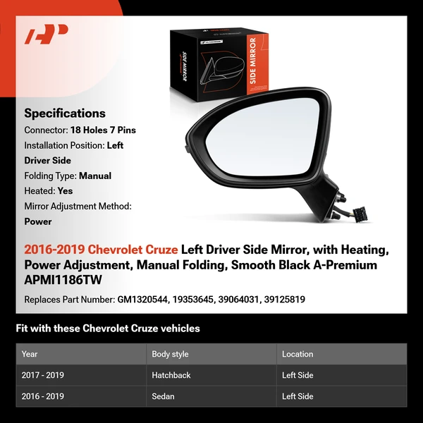 2016-2019 Chevrolet Cruze Left Driver Side Mirror, with Heating, Power Adjustment, Manual Folding, Smooth Black A-Premium APMI1186TW