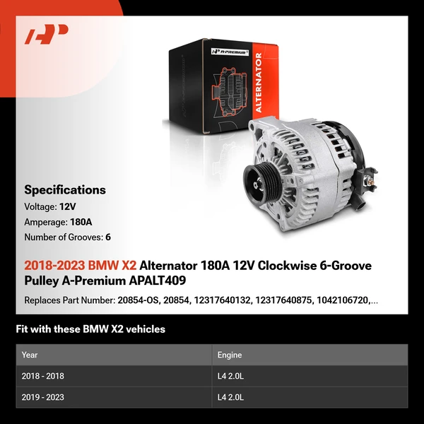 2018-2023 BMW X2 Alternator 180A 12V Clockwise 6-Groove Pulley A-Premium APALT409