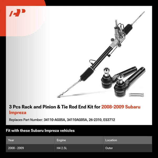 3 Pcs Rack and Pinion & Tie Rod End Kit for 2008-2009 Subaru Impreza