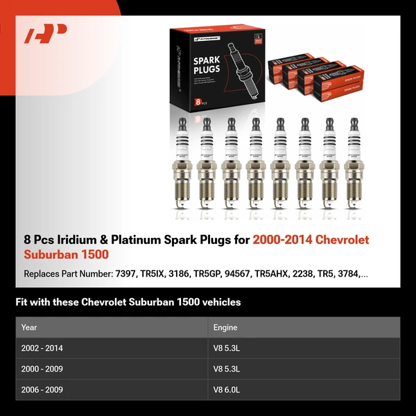 8 Pcs Iridium & Platinum Spark Plugs for 2000-2014 Chevrolet Suburban 1500