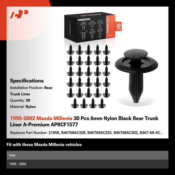 1995-2002 Mazda Millenia 30 Pcs 6mm Nylon Black Rear Trunk Liner A-Premium APRCF1577