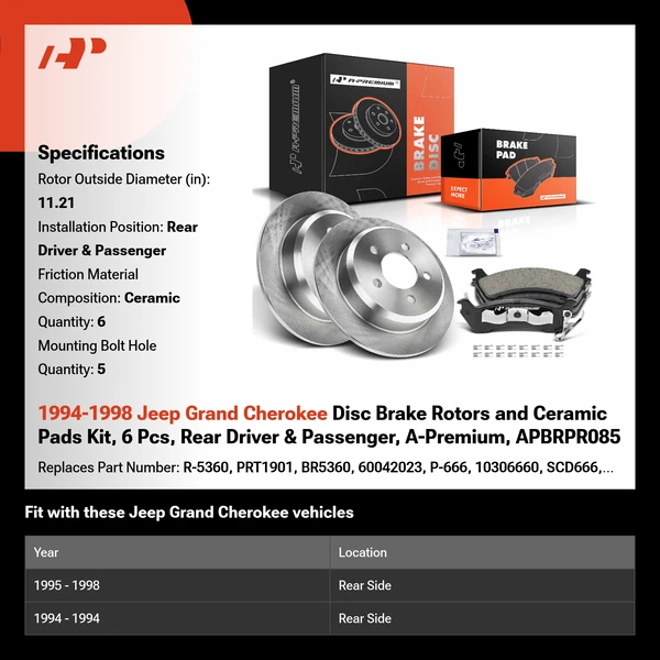 1994-1998 Jeep Grand Cherokee Disc Brake Rotors and Ceramic Pads Kit, 6 Pcs, Rear Driver & Passenger, A-Premium, APBRPR085