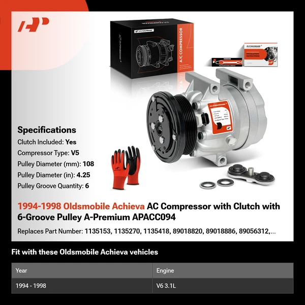 1994-1998 Oldsmobile Achieva AC Compressor with Clutch with 6-Groove Pulley A-Premium APACC094