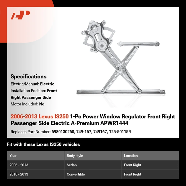 2006-2013 Lexus IS250 1-Pc Power Window Regulator Front Right Passenger Side Electric A-Premium APWR1444