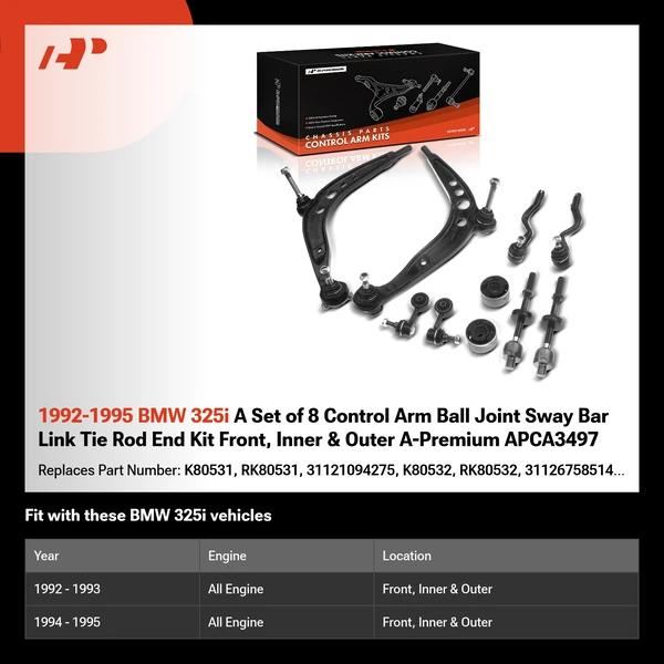 1992-1995 BMW 325i A Set of 8 Control Arm Ball Joint Sway Bar Link Tie Rod End Kit Front, Inner & Outer A-Premium APCA3497