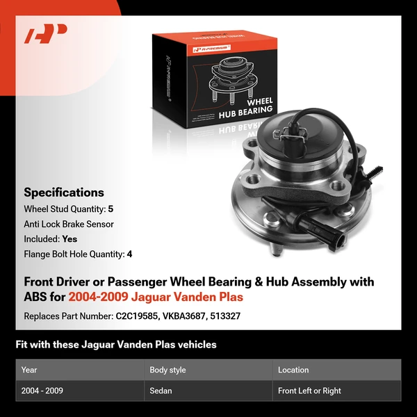 Front Driver or Passenger Wheel Bearing & Hub Assembly with ABS for 2004-2009 Jaguar Vanden Plas