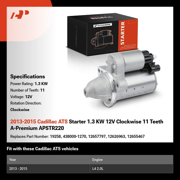 2013-2015 Cadillac ATS Starter 1.3 KW 12V Clockwise 11 Teeth A-Premium APSTR220