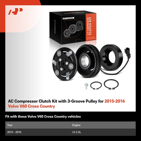 AC Compressor Clutch Kit with 3-Groove Pulley for 2015-2016 Volvo V60 Cross Country