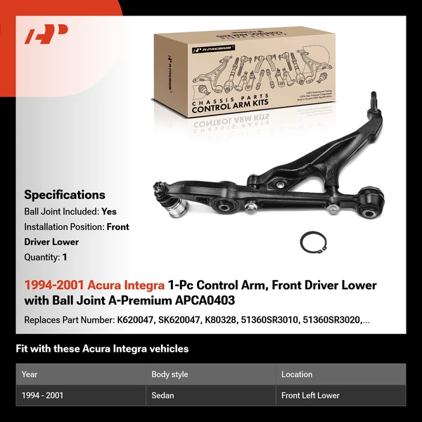 1994-2001 Acura Integra 1-Pc Control Arm, Front Driver Lower with Ball Joint A-Premium APCA0403