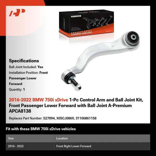 2016-2022 BMW 750i xDrive 1-Pc Control Arm and Ball Joint Kit, Front Passenger Lower Forward with Ball Joint A-Premium APCA8138