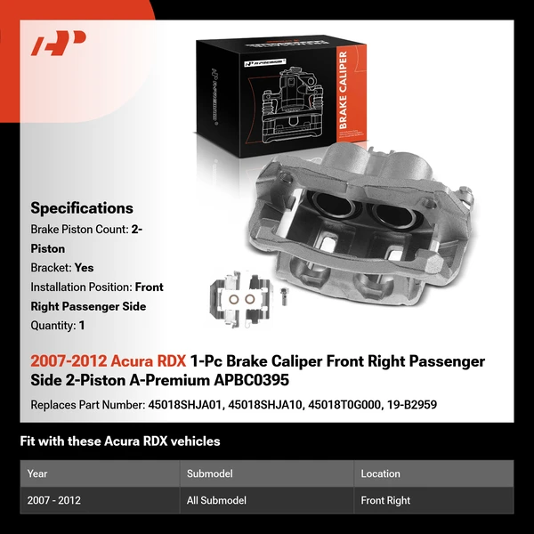 2007-2012 Acura RDX 1-Pc Brake Caliper Front Right Passenger Side 2-Piston A-Premium APBC0395