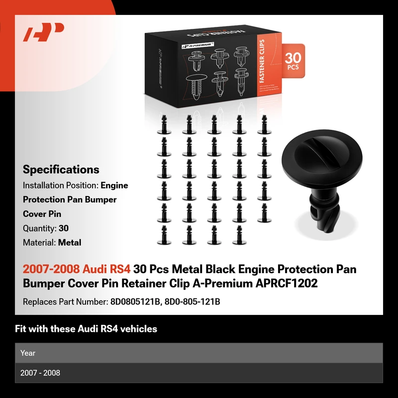 2007-2008 Audi RS4 30 Pcs Metal Black Engine Protection Pan Bumper Cover Pin Retainer Clip A-Premium APRCF1202