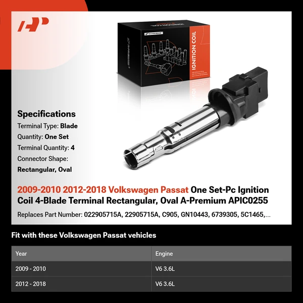 2009-2010 2012-2018 Volkswagen Passat One Set-Pc Ignition Coil 4-Blade Terminal Rectangular, Oval A-Premium APIC0255
