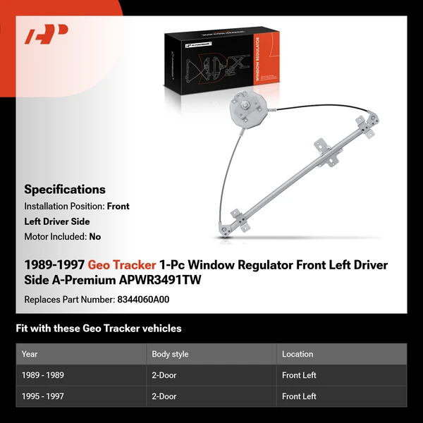 1989-1997 Geo Tracker 1-Pc Window Regulator Front Left Driver Side A-Premium APWR3491TW