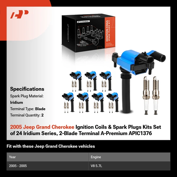 2005 Jeep Grand Cherokee Ignition Coils & Spark Plugs Kits Set of 24 Iridium Series, 2-Blade Terminal A-Premium APIC1376