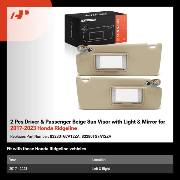 2 Pcs Driver & Passenger Beige Sun Visor with Light & Mirror for 2017-2023 Honda Ridgeline