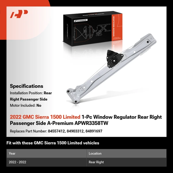 2022 GMC Sierra 1500 Limited 1-Pc Window Regulator Rear Right Passenger Side A-Premium APWR3358TW